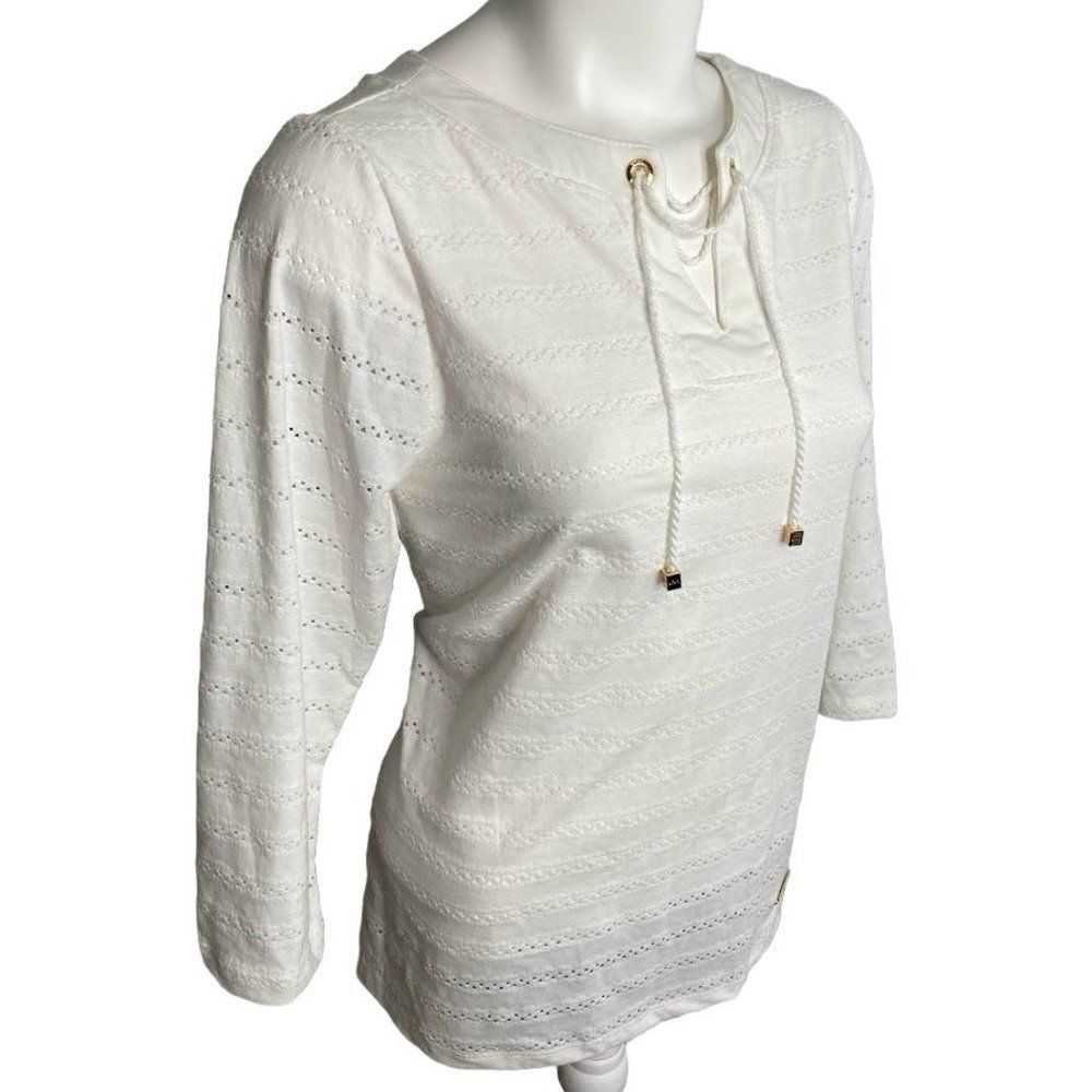 Jones New York White Round Split‎ Neck with Tie Top Sz Small - Picture 2 of 10